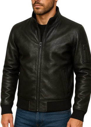 Men's Black Cowhide Leather Bomber Jacket