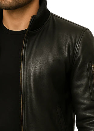 Men's Black Cowhide Leather Bomber Jacket