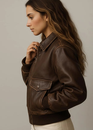 Women’s Handmade Leather Bomber Jacket Vintage Aviator Style in Full-Grain Top-Grain & Genuine Leather Cotton Lined
