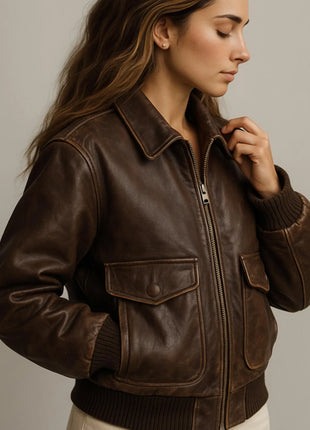 Women’s Handmade Leather Bomber Jacket Vintage Aviator Style in Full-Grain Top-Grain & Genuine Leather Cotton Lined