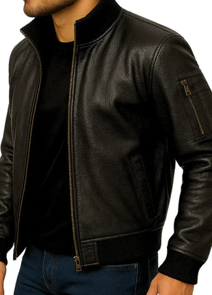 Men's Black Cowhide Leather Bomber Jacket