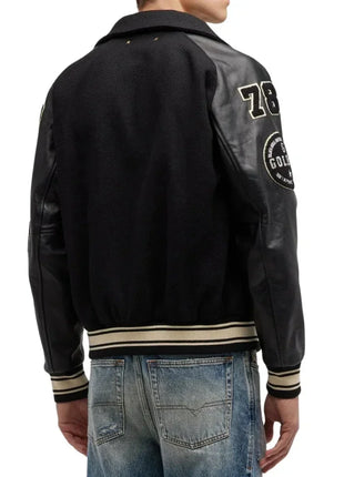 Mens Black Wool College Bomber Jacket with Leather Sleeves