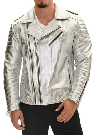 Men's Silver Quilted Leather Moto Jacket
