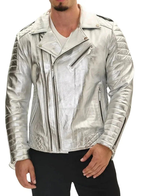 Men's Silver Quilted Leather Moto Jacket