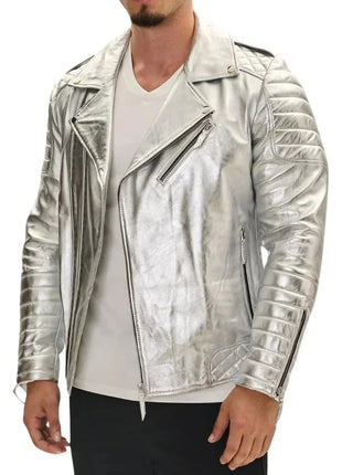 Men's Silver Quilted Leather Moto Jacket
