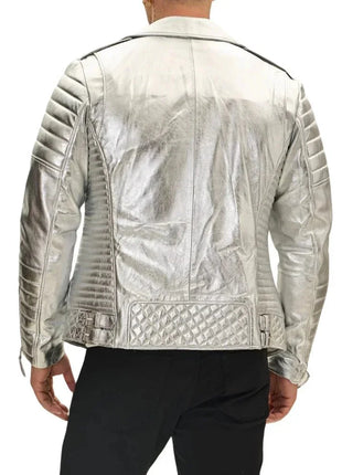 Men's Silver Quilted Leather Moto Jacket