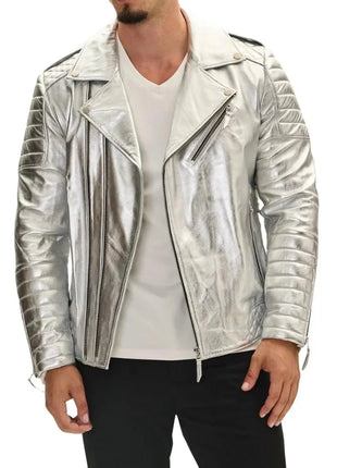 Men's Silver Quilted Leather Moto Jacket