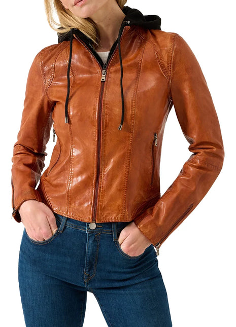 Women's Cognac Leather Motorcycle Jacket with Black Removable Hood