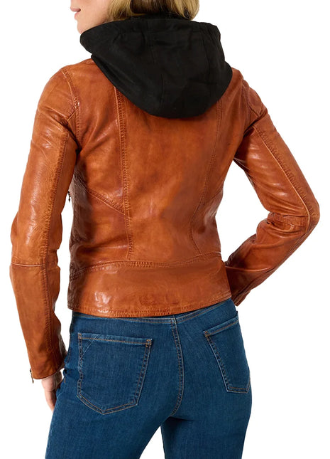 Women's Cognac Leather Motorcycle Jacket with Black Removable Hood