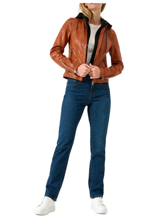 Women's Cognac Leather Motorcycle Jacket with Black Removable Hood