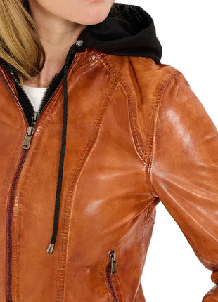 Women's Cognac Leather Motorcycle Jacket with Black Removable Hood
