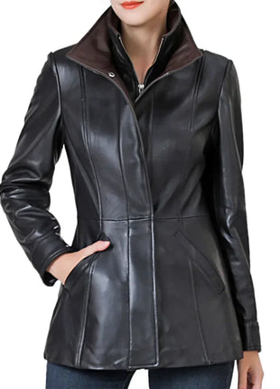 Women’s High-Collar Black Lambskin Leather Jacket with Brown Details