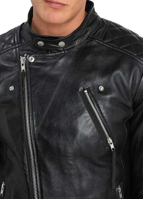 Men's Asymmetrical Black Quilted Leather Moto Jacket