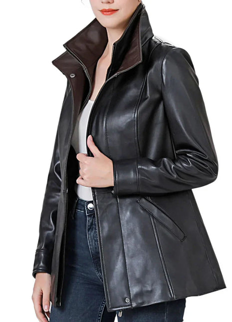 Women’s High-Collar Black Lambskin Leather Jacket with Brown Details