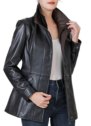 Women’s High-Collar Black Lambskin Leather Jacket with Brown Details