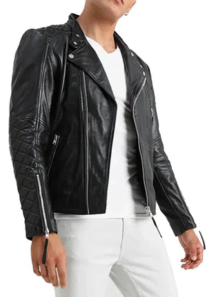 Men's Asymmetrical Black Quilted Leather Moto Jacket