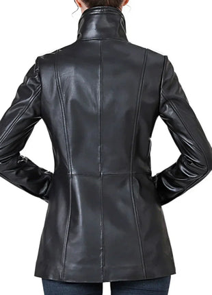 Women’s High-Collar Black Lambskin Leather Jacket with Brown Details