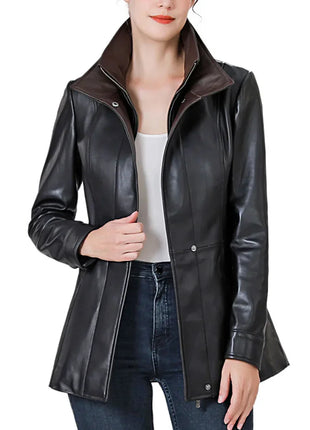Women’s High-Collar Black Lambskin Leather Jacket with Brown Details