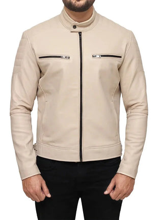 Men’s Beige Café Racer Real Leather Jacket