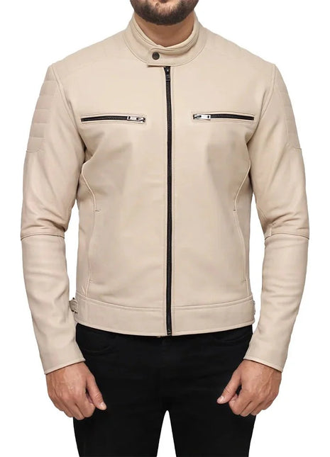 Men’s Beige Café Racer Real Leather Jacket