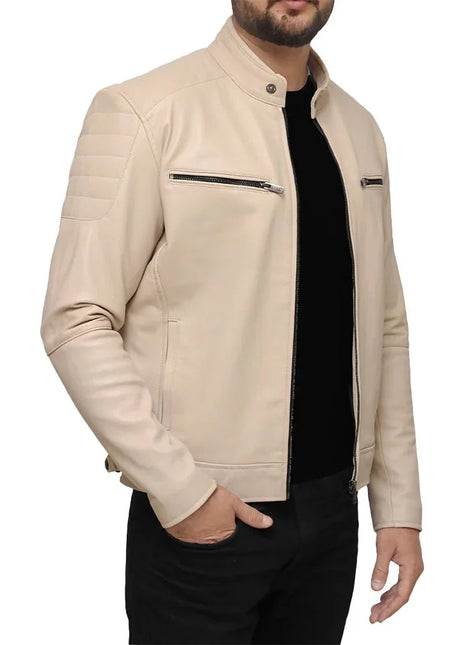 Men’s Beige Café Racer Real Leather Jacket