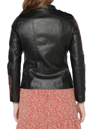 Charlotte Womens Black Floral Embroidered Leather Jacket