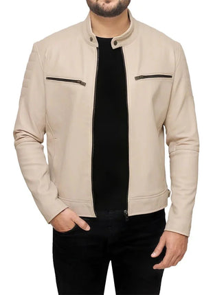 Men’s Beige Café Racer Real Leather Jacket