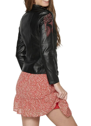 Charlotte Womens Black Floral Embroidered Leather Jacket