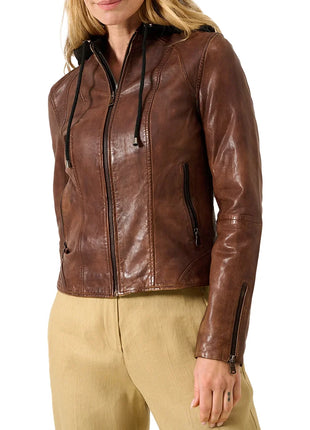 Dark Brown Leather Hooded Jacket Womens