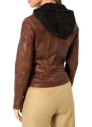 Dark Brown Leather Hooded Jacket Womens