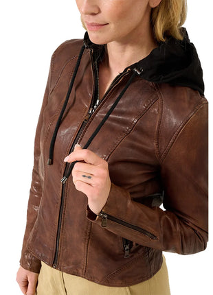 Dark Brown Leather Hooded Jacket Womens
