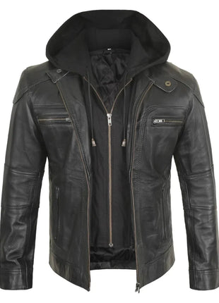 Mens Black Hooded Bker Leather Jacket With Removable Hood