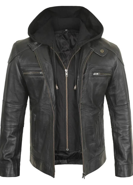 Mens Black Hooded Bker Leather Jacket With Removable Hood