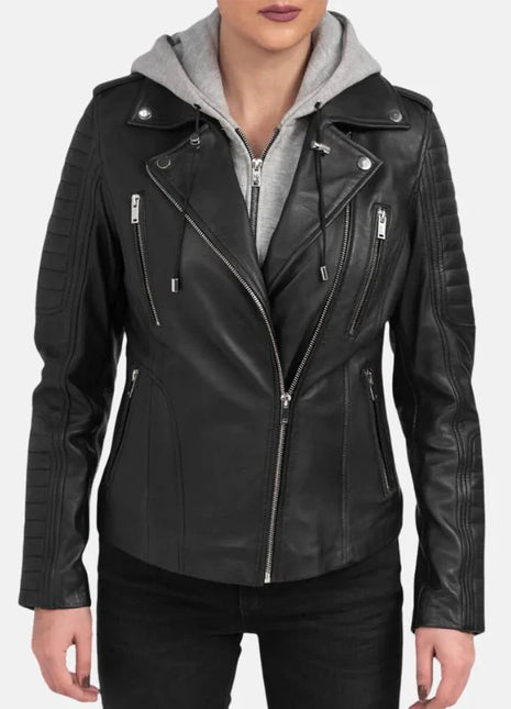 Womens Black Motorcycle Leather Jacket With Removable Hood