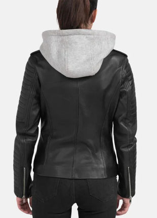 Womens Black Motorcycle Leather Jacket With Removable Hood