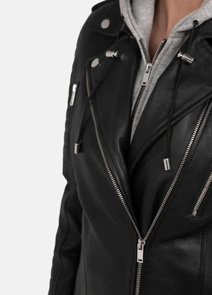 Womens Black Motorcycle Leather Jacket With Removable Hood