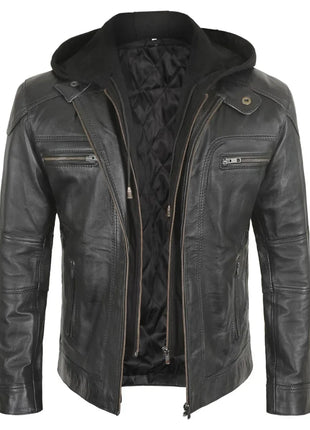 Mens Black Hooded Bker Leather Jacket With Removable Hood