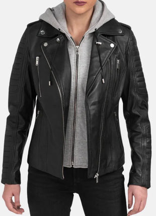 Womens Black Motorcycle Leather Jacket With Removable Hood