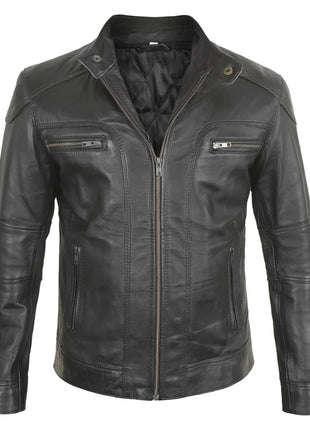Mens Black Hooded Bker Leather Jacket With Removable Hood