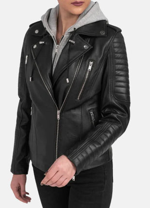 Womens Black Motorcycle Leather Jacket With Removable Hood