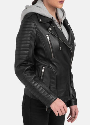 Womens Black Motorcycle Leather Jacket With Removable Hood