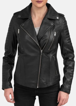 Womens Black Motorcycle Leather Jacket With Removable Hood