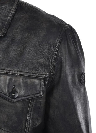 Mens Washed Black Leather Trucker Style Jacket