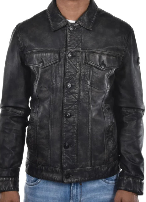 Mens Washed Black Leather Trucker Style Jacket