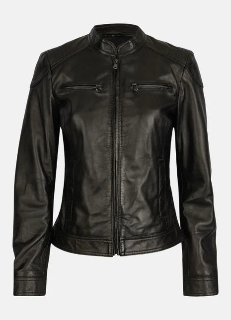 Womens Black Stand Up Collar Leather Moto Jacket