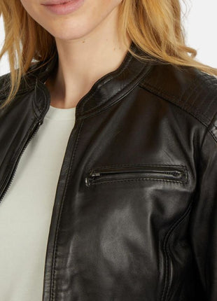 Womens Black Stand Up Collar Leather Moto Jacket