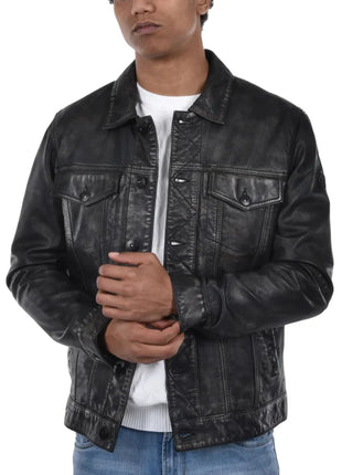 Mens Washed Black Leather Trucker Style Jacket