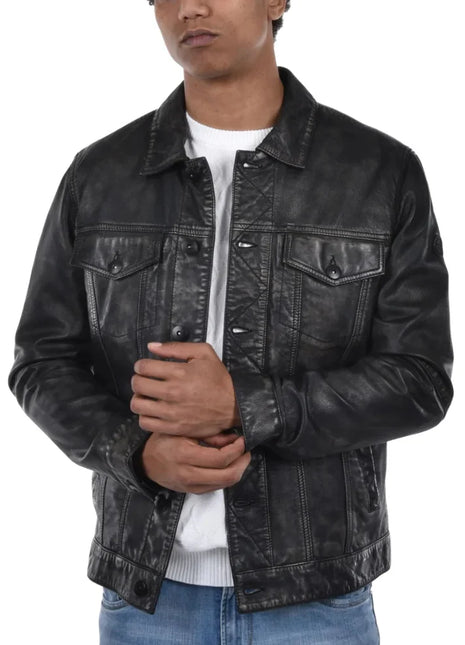 Mens Washed Black Leather Trucker Style Jacket