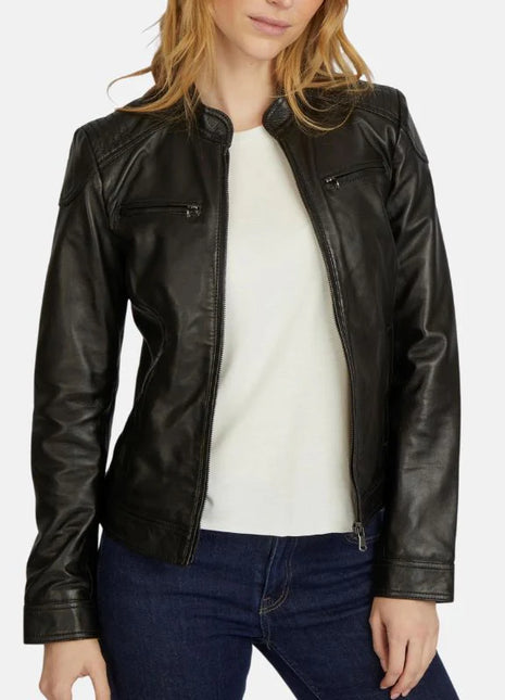 Womens Black Stand Up Collar Leather Moto Jacket