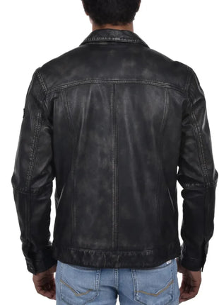 Mens Washed Black Leather Trucker Style Jacket